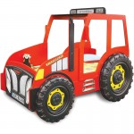Pat pentru copii Tractor Farmer cu LED-uri din lemn MDF - Pat Rosu in forma de masina cu saltea inclusa